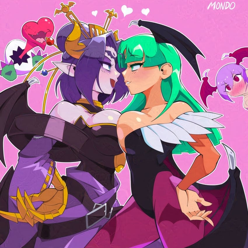 1:1 3girls big_breasts breasts crossover darkstalkers digimon female female_only green_eyes green_hair head_wings large_breasts lilith_aensland lilithmon morrigan_aensland multiple_girls purple_hair red_eyes supermondobeat