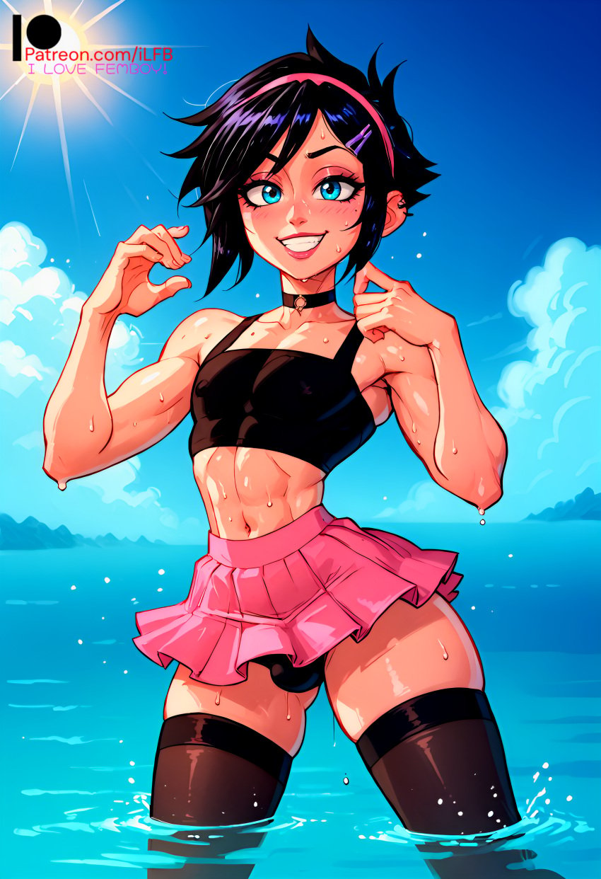 1boy ai_generated beach black_hair blue_eyes bulge bulge_through_clothing femboy flat_chest ilfb looking_at_viewer pantyhose short_hair skirt smile smiling standing trap