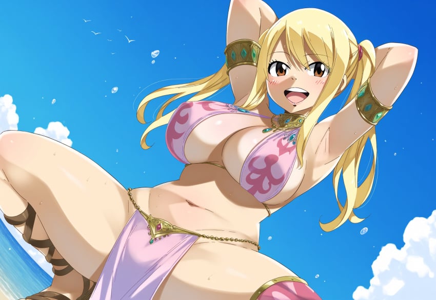 ai_generated blonde_female blonde_hair covered_nipples dancer dancer_outfit fairy_tail female from_below large_breasts lucy_heartfilia mullon novelai pelvic_curtain