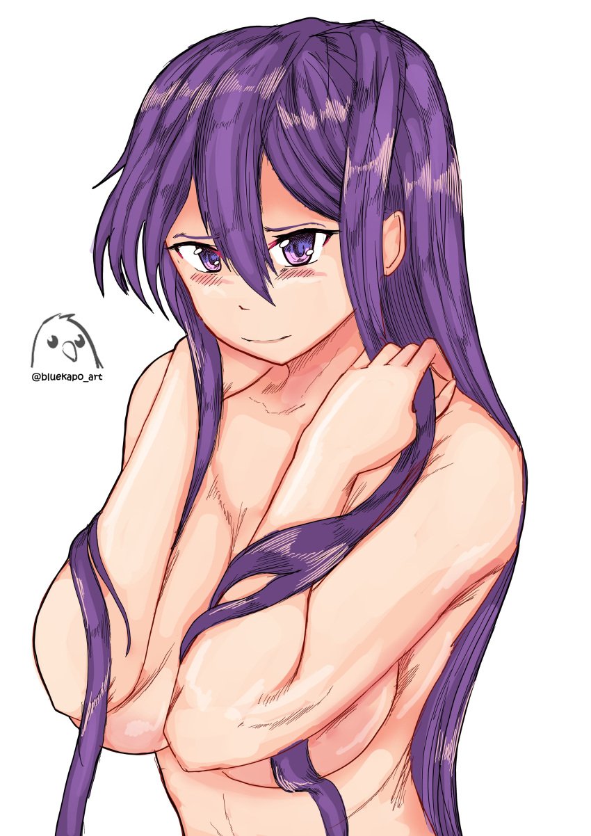 1girls bluekapo blush completely_nude completely_nude_female doki_doki_literature_club embarrassed embarrassed_naked_female embarrassed_nude_female enf female female_only looking_at_viewer matching_hair/eyes naked naked_female nude nude_female purple_eyes purple_hair solo solo_female yuri_(doki_doki_literature_club)