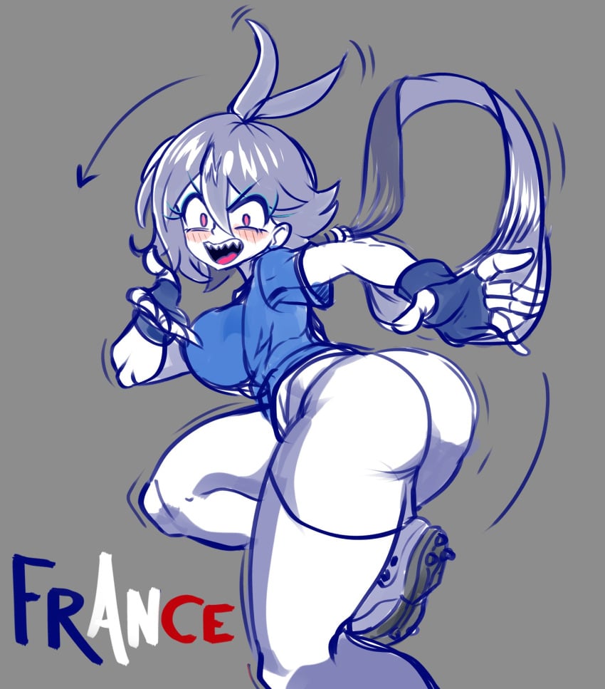 accelart angry_face big_ass big_breasts curvy_figure football_uniform france france-chan_(accelart) jiggling_ass national_personification no_bra no_panties pink_eyes ponytail scketch soccer_jersey soccer_player soccer_shoes soccer_uniform thicc_thighs world_cup