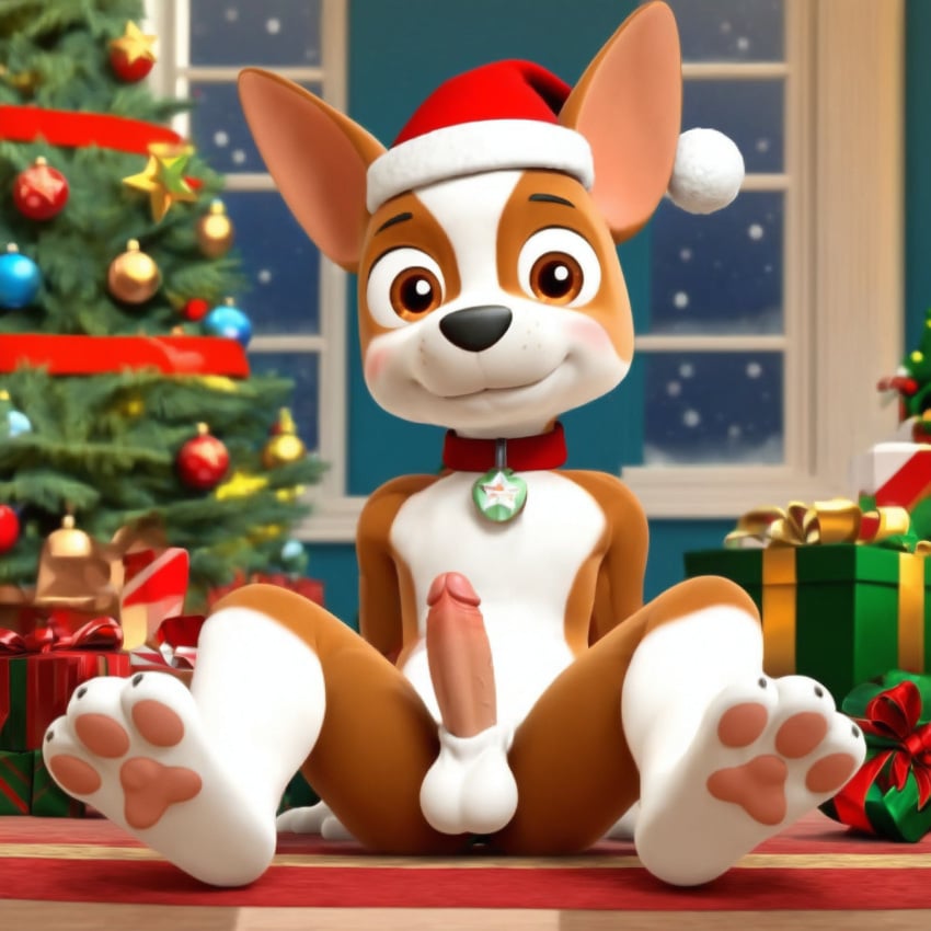 1boy ai_generated anthro balls brown_eyes chihuahua christmas christmas_background christmas_decorations christmas_hat christmas_presents christmas_tree dog_collar luxeraora10 male male_only paw_patrol penis solo_male tensor_art tracker_(paw_patrol)