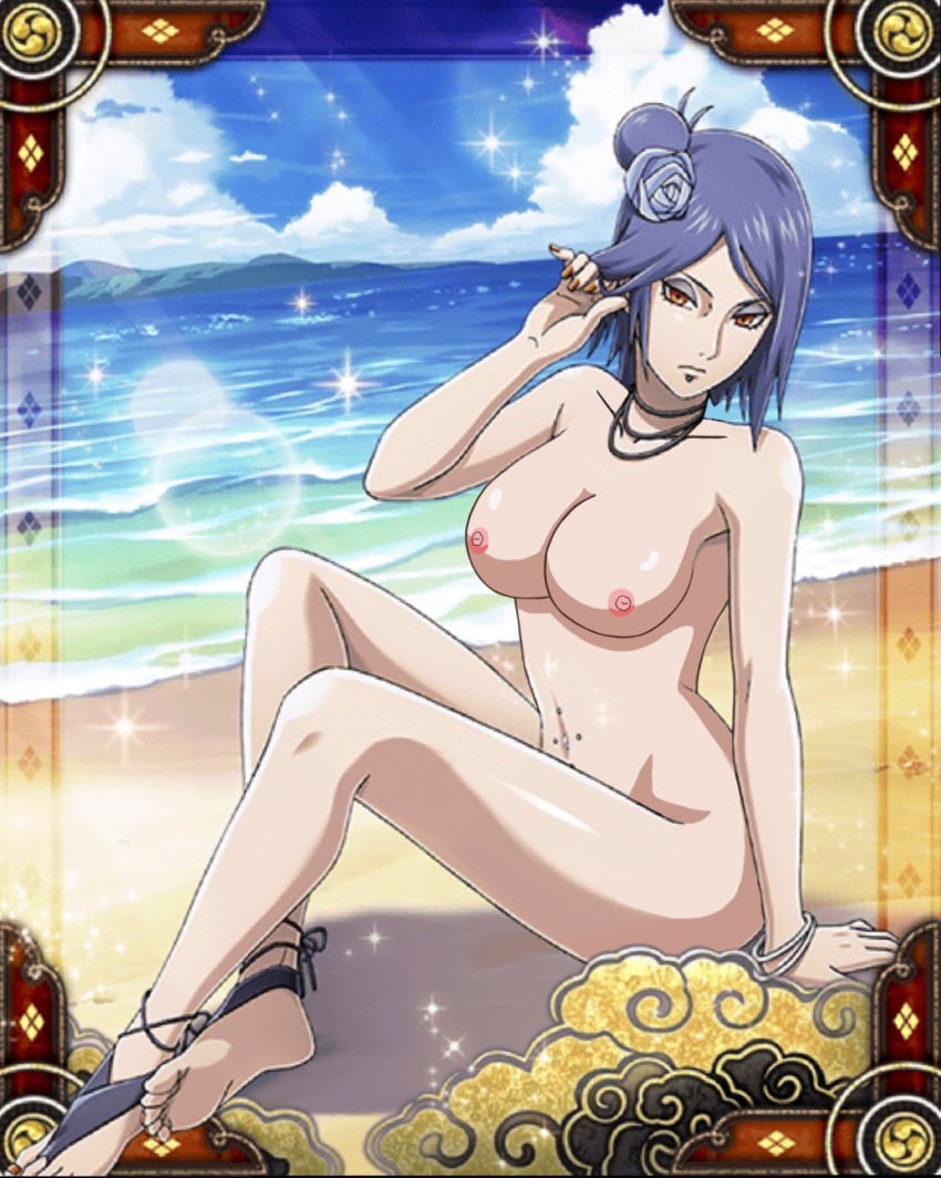 1girls arm_support barefoot big_ass big_breasts blue_hair bracelets breasts cleavage edit feet female female_only flower hair_ornament hand_on_hair konan naruto navel navel_piercing nipples nude_edit ocean official_art orange_eyes ornament piercing sand side_bun sitting solo third-party_edit tied_hair toes water