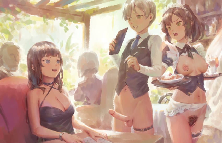 2boys 3girls apron bigrbear black_choker black_dress black_hair blue_eyes blue_necktie breastless_clothes breasts brown_eyes brown_hair choker cleavage dress erection female_pubic_hair food frilled_thigh_strap highres holding holding_tray large_breasts long_hair looking_at_another maid_headdress medium_breasts multiple_boys multiple_girls navel necktie nipple_piercing nipple_rings nipples open_mouth original penis piercing ponytail pubic_hair restaurant short_hair testicles thigh_strap tray uncensored vest waist_apron waistcoat waiter waitress zenra