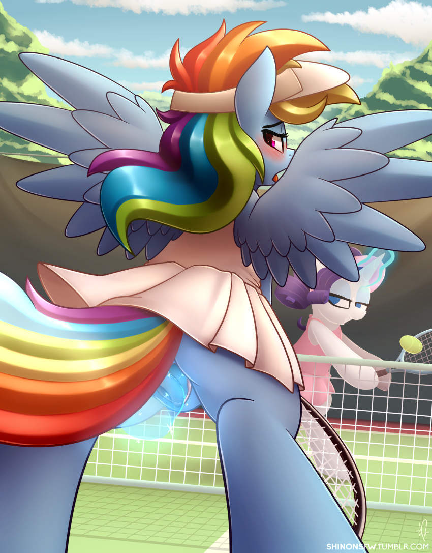 2016 animal_genitalia blue_eyes blue_fur clothing dildo duo equine feathered_wings feathers female feral friendship_is_magic fur hair hi_res horn horse long_hair magic mammal multicolored_hair my_little_pony open_mouth outside pegasus pony purple_hair pussy rainbow_dash_(mlp) rainbow_hair rarity_(mlp) sex_toy shinodage skirt smile sport tennis tongue unicorn wings yuri