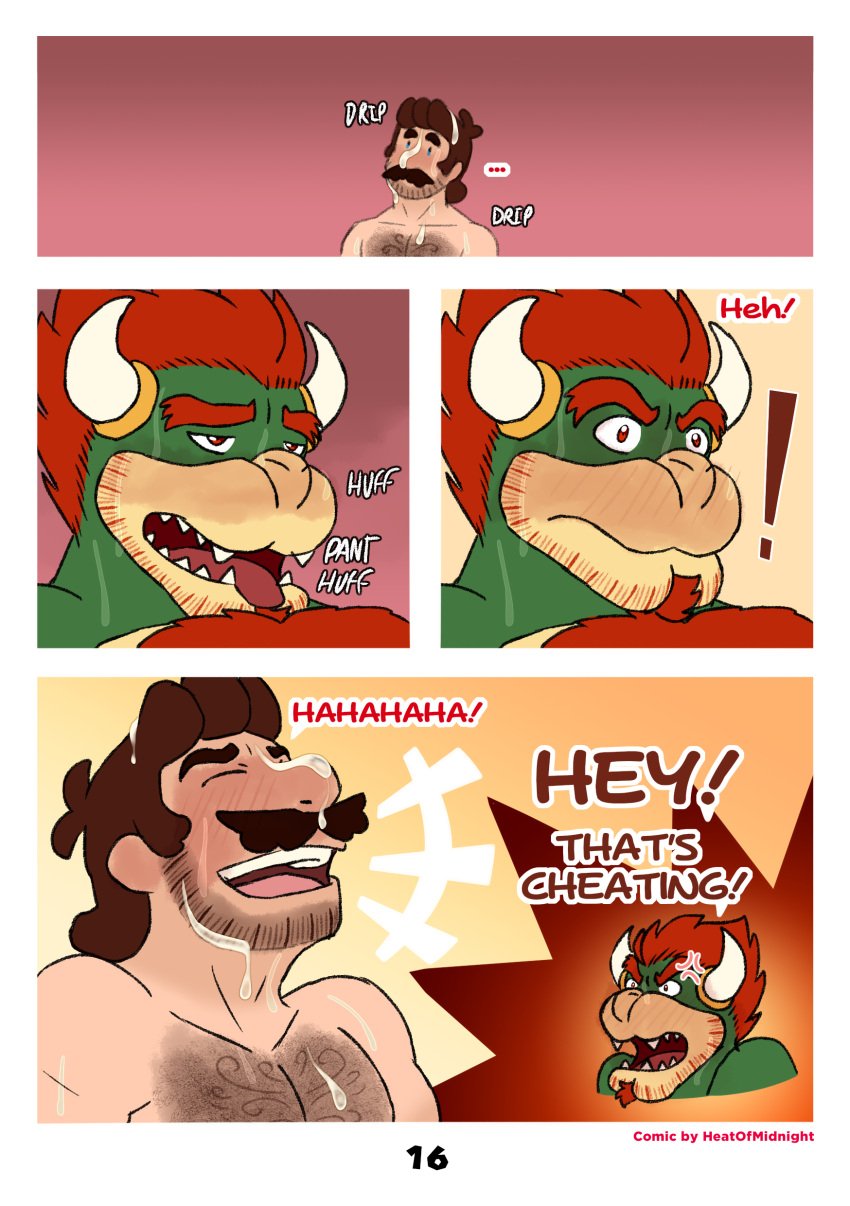 2024 2boys absurd_res anthro blush bodily_fluids body_hair bowser chest_hair closed_eyes colored comic cross-popping_vein cum cum_on_body cum_on_face dialogue dot_eyes dropsofmoonlight duo english_text facial_hair gay genital_fluids goatee hi_res human koopa laugh male male/male mammal mario mario_(series) moustache multicolored_body nintendo nude onomatopoeia open_mouth page_number red_eyes reptile scalie sound_effects sweat tan_body tan_skin text two_tone_body yaoi