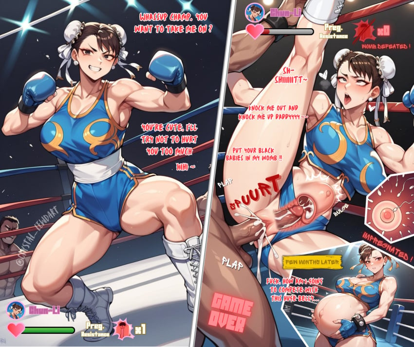 1boy 1girls ahe_gao ai_generated begging_for_cum big_breasts boots boxing boxing_gloves boxing_ring breeding_slave brown_eyes brown_hair chun-li crystal_lewdart cum cum_in_pussy cum_inside cumshot dark-skinned_male defeat_sex defeated defeated_heroine english_text enjoying_rape game_over gameplay_mechanics hair_bun health_bar huge_breasts humiliation impregnation instant_loss_2koma leaking_cum lust mind_break muscular nipples orgasm orgasm_face ovum penetration pregnant pregnant_belly rape sex smug stomach_bulge straight_sex street_fighter text thick thick_thighs x-ray