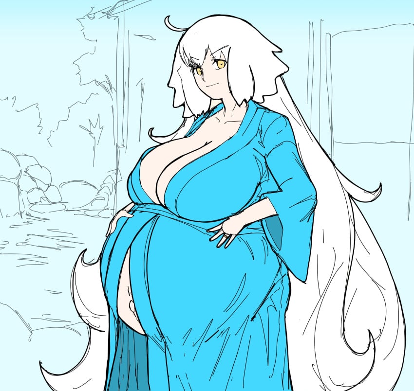 1girls big_breasts breasts character_request female massgrave pregnant robe white_hair yellow_eyes