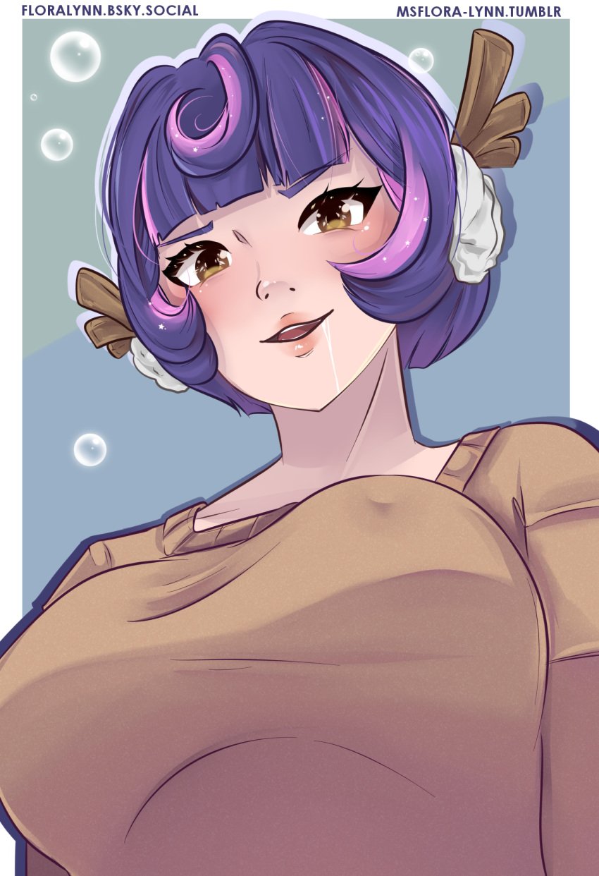 antlers drunk juno_(overwatch) looking_at_viewer looking_down nipple_bulge nipples pink_highlights purple_hair sweater