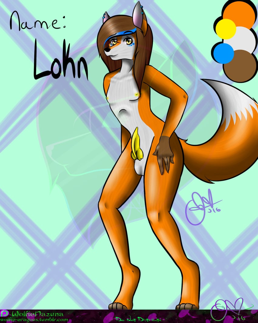 2016 anthro brown_hair canine fan_character fox girly hair kirathesavor knot lokn long_hair mammal nipples nude paws penis piercing sex yellow_eyes