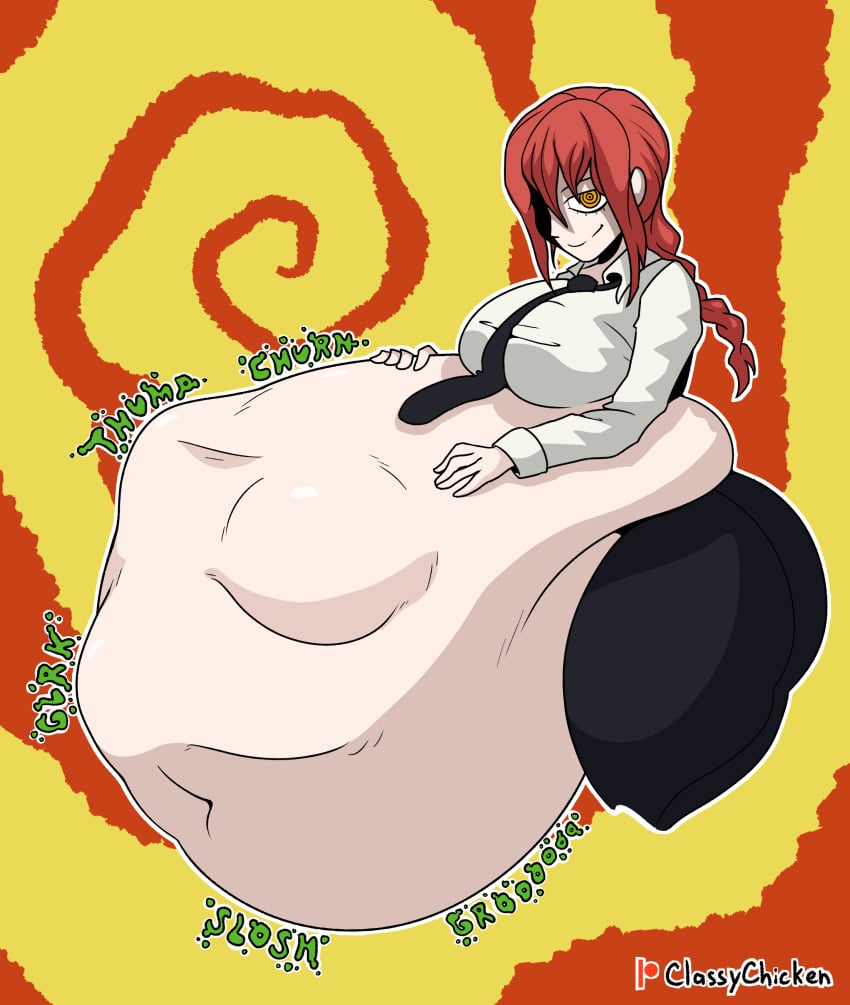 big_ass big_belly big_breasts big_butt chainsaw_man classychicken34 digestion digestion_noises evil_smile fatal_vore female_pred female_prey huge_belly looking_at_viewer makima_(chainsaw_man) male_prey mommy multiple_prey smile struggling_prey thick_thighs vore vore_belly