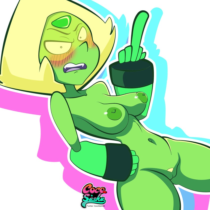 1girls 2024 blush cartoon_network cocosashax commission digital_media_(artwork) flipping_off limb_enhancers middle_finger peridot_(steven_universe) solo steven_universe visor