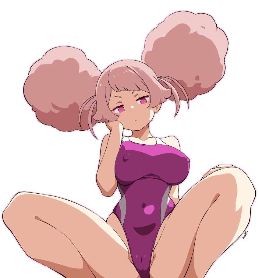 1girls afro_puffs bare_legs batta_16-sei breasts cameltoe chuatury_panlunch competition_swimsuit covered_erect_nipples covered_navel double_bun feet_out_of_frame gundam gundam_suisei_no_majo hair_bun hand_on_own_face highleg highleg_one-piece_swimsuit large_breasts legs one-piece_swimsuit pink_eyes pink_hair purple_one-piece_swimsuit simple_background solo squatting swimsuit thighs white_background