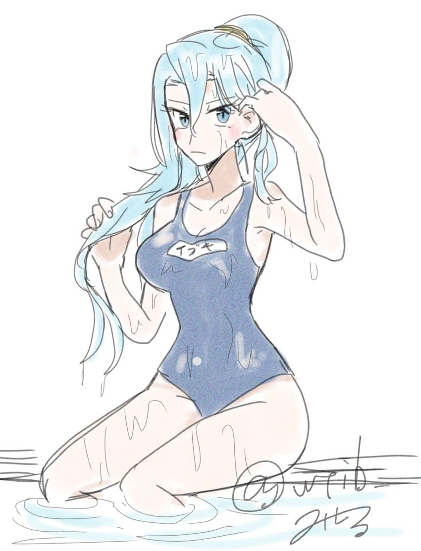 1girls armpit armpit_crease blue_eyes blue_hair blue_one-piece_swimsuit blue_swimsuit breasts clair_(pokemon) clothed deep_armpits feet_in_water legs_in_water looking_back one-piece_swimsuit pokemon pokemon_hgss pool poolside shu_(witb_) sitting solo swimming_pool swimwear wet wet_body