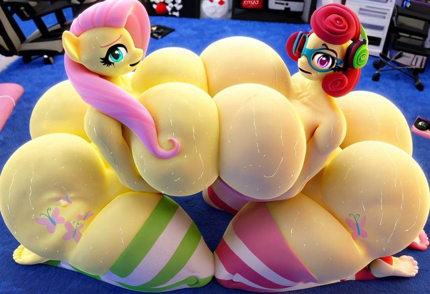 ai_generated anthro ass bimbo breasts fluttershy_(mlp) friendship_is_magic huge_ass huge_breasts mother_and_daughter my_little_pony posey_shy_(mlp) snuddy_(style) symmetrical_docking