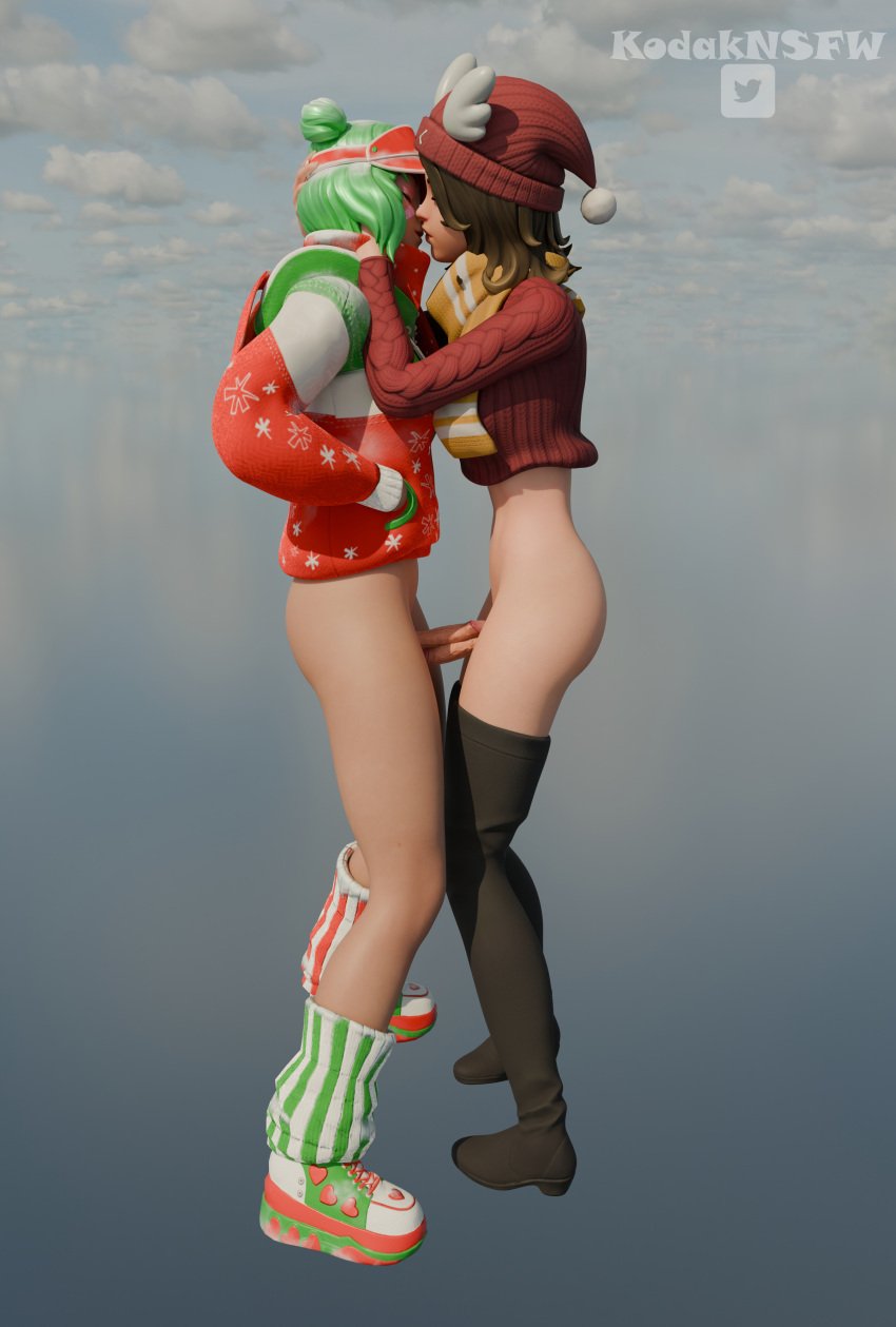 2futas 3d blue_eyes fortnite fortnite:_battle_royale frot frotting futa_focus futa_on_futa futa_only futanari kissing kodaknsfw leelah_(fortnite) skye_(fortnite) upskirt upskirt_view winter_wonder_skye_(fortnite)