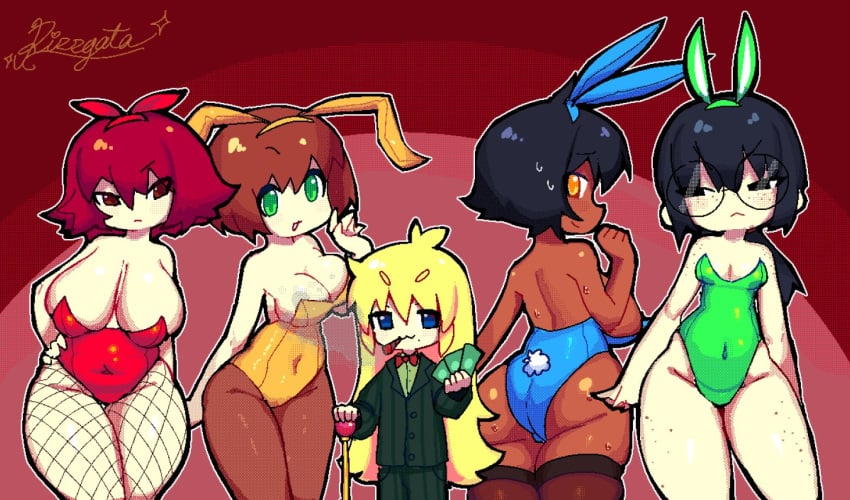 5girls big_ass big_breasts black_eyes black_hair blue_eyes brown_hair bunny_ears bunny_girl bunny_tail dark_skin fishnets freckles glasses green_eyes pissgata red_eyes red_hair small_breasts tagme yellow_eyes yellow_hair