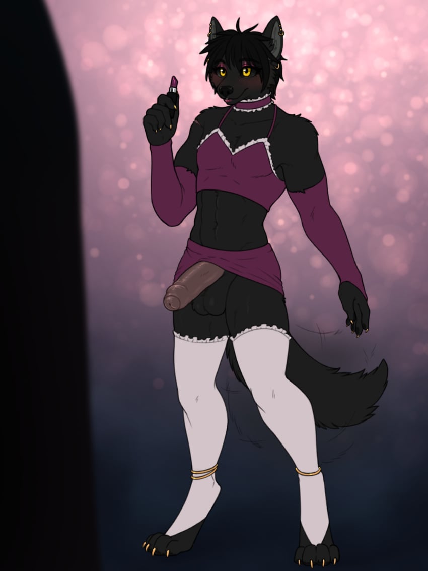 3:4 ajna anthro armwear balls big_penis black_nose blush bottomwear canid canine canis choker clothed clothing colored_nails crossdressing darkwolf_(darkwolfdemon) digital_media_(artwork) erection eyeshadow femboy feminine foreskin fur genitals hair half-erect hi_res humanoid_genitalia humanoid_penis jewelry legwear lipstick makeup male mammal muscular muscular_anthro muscular_male nails necklace penile penis scar smile solo tail thigh_highs wolf