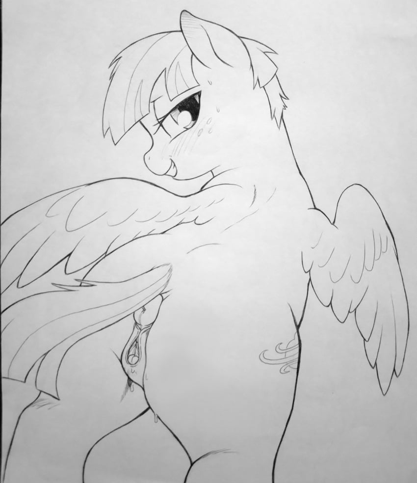 2024 absurd_res animal_genitalia animal_pussy anus bangs blush cutie_mark equid equine equine_anus equine_genitalia equine_pussy feathered_wings feathers female feral friendship_is_magic genitals hasbro hi_res horse looking_at_viewer looking_back mammal mature_female mature_feral monochrome my_little_pony mythological_creature mythological_equine mythology pegasus perrox pony pussy smile solo traditional_media_(artwork) windy_whistles_(mlp) wings