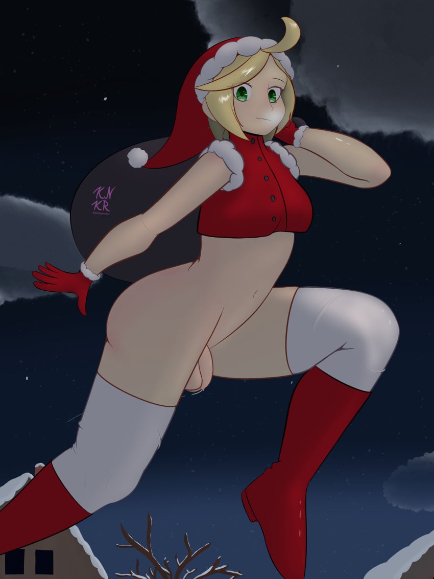 1futa ashley_helianthea ass balls blonde_hair boots christmas clothing dick dickgirl flaccid futa_only futanari gloves green_eyes hat intersex jumping kinkaru night original outdoors outside penis precum santa_hat testicles thighhighs