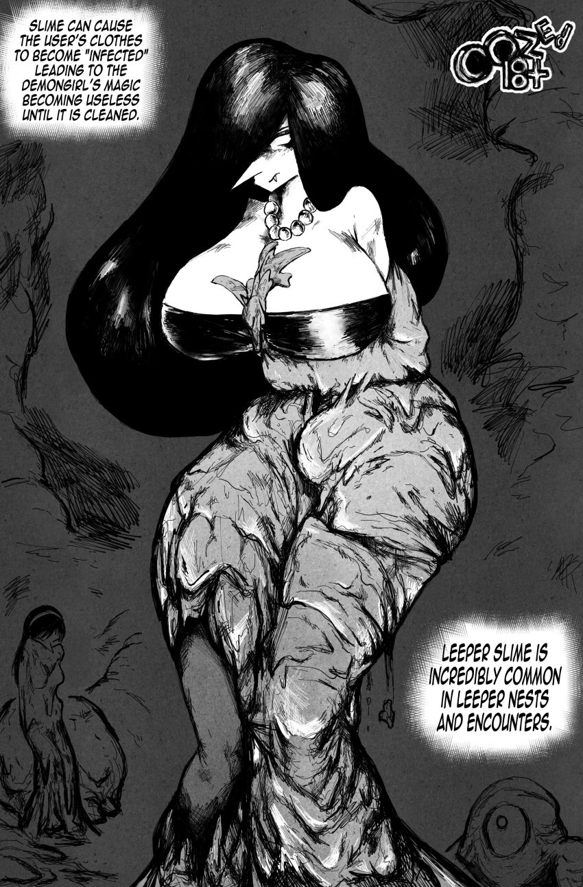 big_breasts black_and_white captured clothed covered_in_goo covered_in_slime dress large_breasts leeper_parasite_(oozed) leeper_parasite_(witchdoctordb) legwear lore noir_(oozed) noir_(witchdoctordb) oozed pointy_nose revealing_clothes slime slime_monster slime_on_body text thick_thighs witchdoctordb