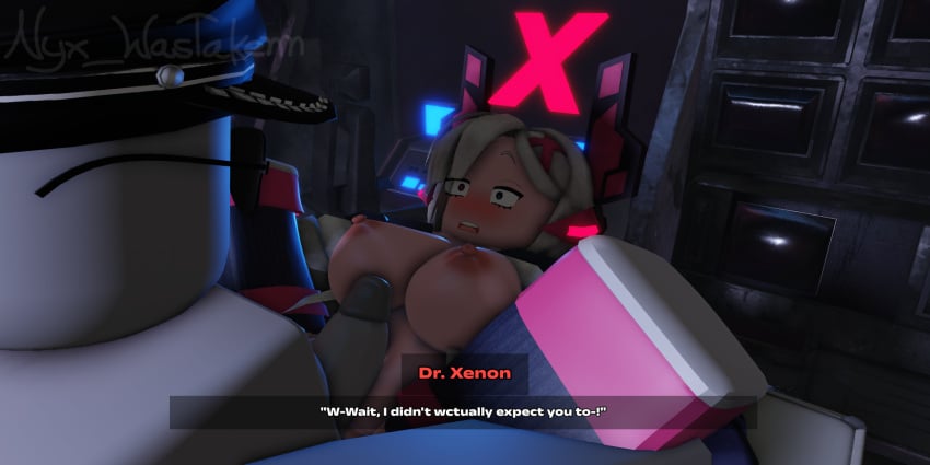 alternate_version_available artist_watermark blush dialogue dr._xenon grey-skinned_male heterochromia imminent_sex nyxwastaken on_back on_table roblox roblox_game self-upload tagme tower_defense_x worried_expression