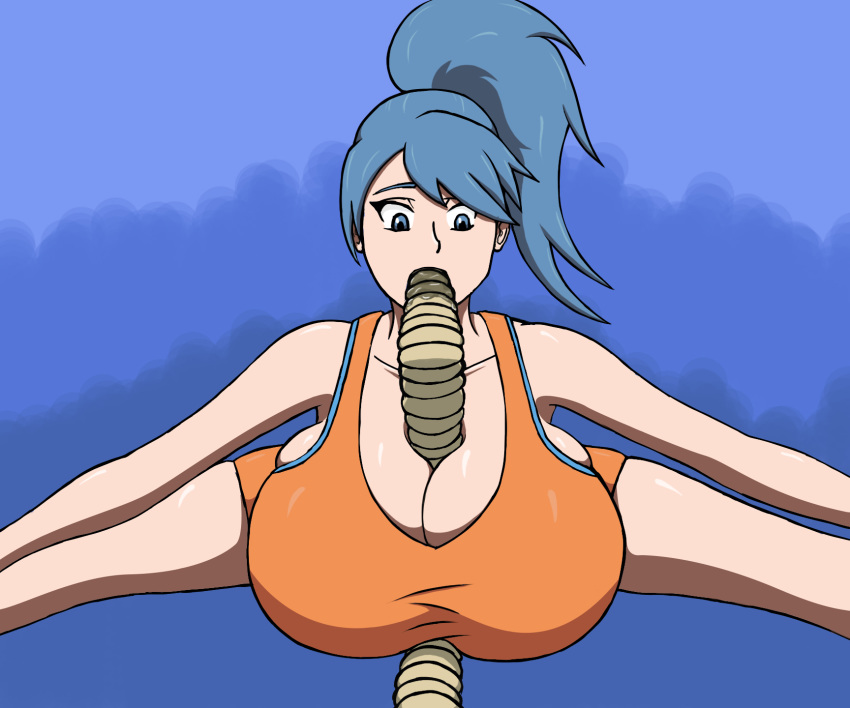 athletic athletic_wear bangs battle_girl_(pokemon) battle_girl_(pokemon_oras) blue_eyes blue_hair bosomancer breasts breasts_bigger_than_head bursting_breasts cleavage collarbone fellatio female gigantic_breasts hair hanging_breasts hitmonlee huge_breasts large_breasts long_hair npc_trainer oral paizuri pokemon pokemon_(game) pokemon_(species) pokemon_oras pokephilia ponytail resting_breasts sex shauna_(hoenn) spread_legs tank_top tied_hair