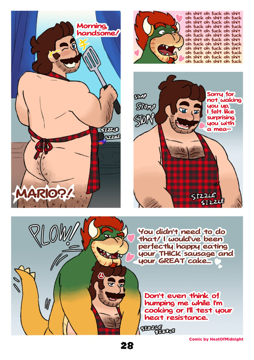 2024 2boys absurd_res anthro apron barazoku body_hair bowser brown_hair chest_hair clothed clothing comic dialogue dropsofmoonlight duo english_text facial_hair gay hair heart_symbol hi_res human leg_hair male male/male mammal mario mario_(series) moustache nintendo onomatopoeia pantsless profanity red_hair reptile scalie sound_effects spatula text tools