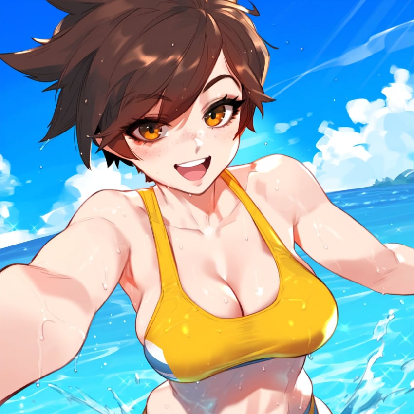 1girls ai_generated beach big_breasts brown_eyes brown_hair ded_173 overwatch solo swimsuit tracer