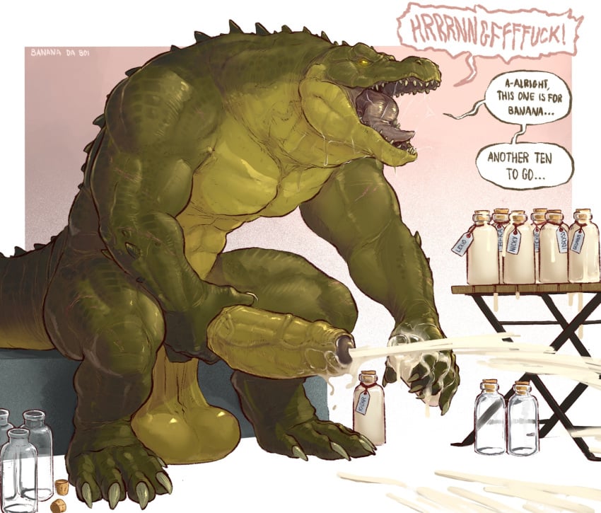 anthro balls banana_da_boi big_balls big_penis bodily_fluids crocodile crocodilian cum cumshot dialogue ejaculation english_text erection excessive_cum excessive_genital_fluids foreskin genital_fluids genitals green_body green_scales hi_res huge_balls huge_cock humanoid_genitalia humanoid_penis male masturbation muscular muscular_anthro muscular_male open_mouth penile penile_masturbation penis penis_milking reptile saggy_balls scales scalie sharp_teeth simple_background sitting solo speech_bubble tail teeth text thick_neck thick_tail tongue vein veiny_penis