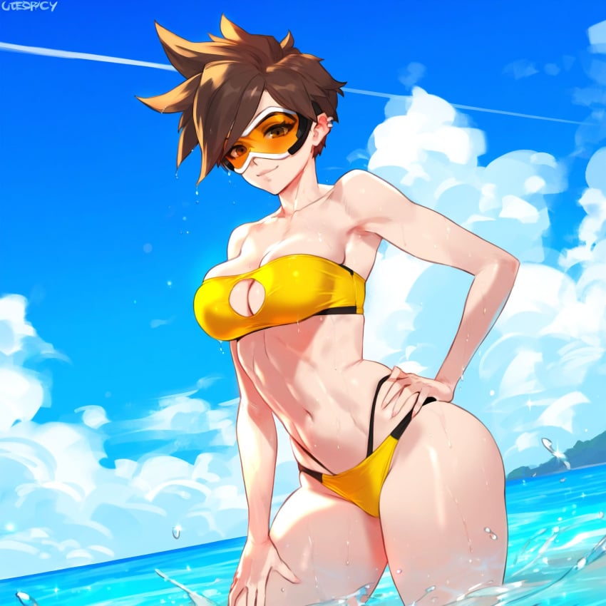 1girls ai_generated beach big_breasts brown_eyes brown_hair ded_173 overwatch solo swimsuit tracer