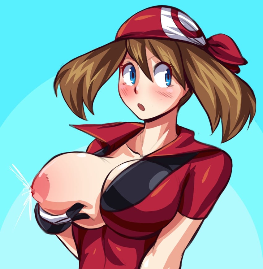 bandana blue_eyes breasts brown_hair creatures_(company) game_freak gloves holding_own_breast large_breasts may_(pokemon) nintendo nipples nonosamu open_mouth pokemon pokemon_rse short_hair