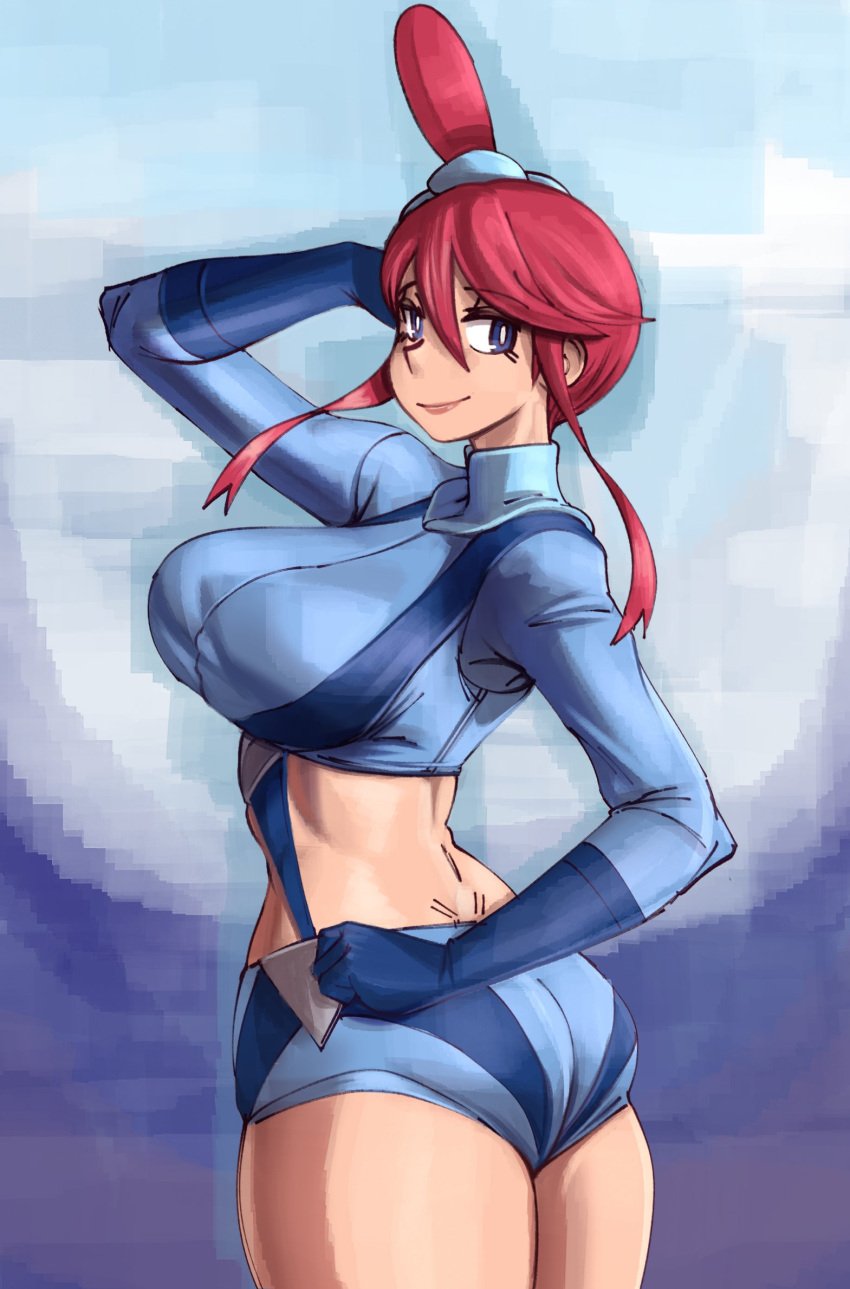 blue_eyes breasts clothes creatures_(company) dark_skin female game_freak gloves large_breasts long_hair looking_at_viewer navel nintendo nonosamu pokemon pokemon_bw red_hair short_shirt shorts skyla_(pokemon) solo tight_shorts