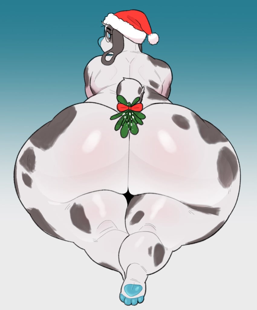 anthro ass beagle big_butt canid canine canis christmas christmas_clothing clothing domestic_dog eyewear feet glasses hi_res holidays hunting_dog looking_at_viewer looking_back male mammal milkblend mistletoe pawpads paws plant scent_hound solo thick_thighs wide_hips