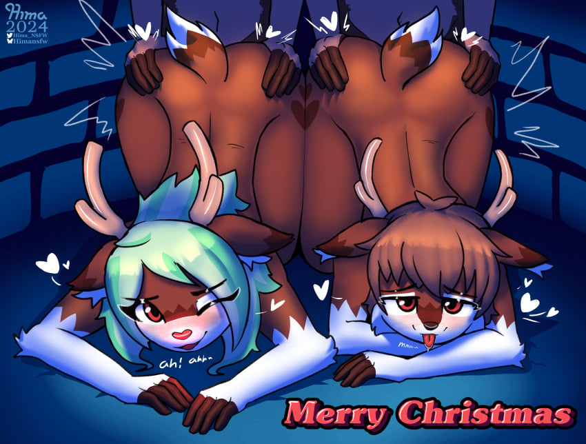 absurd_res ande_(hima_nsfw) anthro antlers brown_body brown_fur brown_hair deer english_text female from_behind_position front_view fur green_hair group hair heart_symbol hi_res hima_nsfw himalaya_(hima_nsfw) horn kneeling long_hair lying male mammal new_world_deer on_front parallel_sex red_eyes red_nose reindeer sex short_hair text white_body white_fur