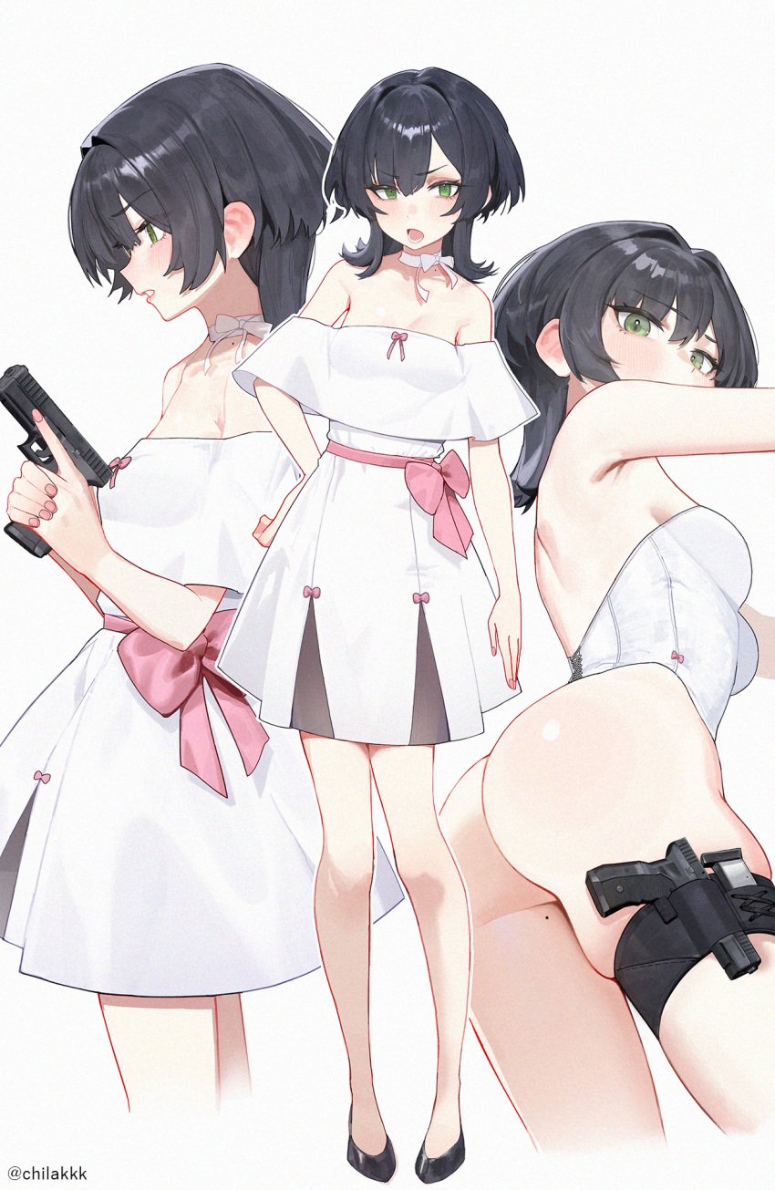 arm_at_side ass black_footwear black_hair blush bow breasts chilakkk choker cropped_legs dress dress_bow female fingernails from_below full_body green_eyes gun hair_between_eyes hand_on_own_hip handgun highleg highleg_leotard highres holding holding_gun holding_weapon leotard long_hair looking_at_viewer looking_down magazine_(weapon) medium_breasts mole mole_on_neck mole_on_thigh multiple_views nail_polish off-shoulder_dress off_shoulder open_mouth original pink_bow pink_nails simple_background skindentation standing strapless strapless_leotard thigh_strap thong_leotard trigger_discipline twitter_username v-shaped_eyebrows weapon white_background white_bow white_choker white_dress white_leotard