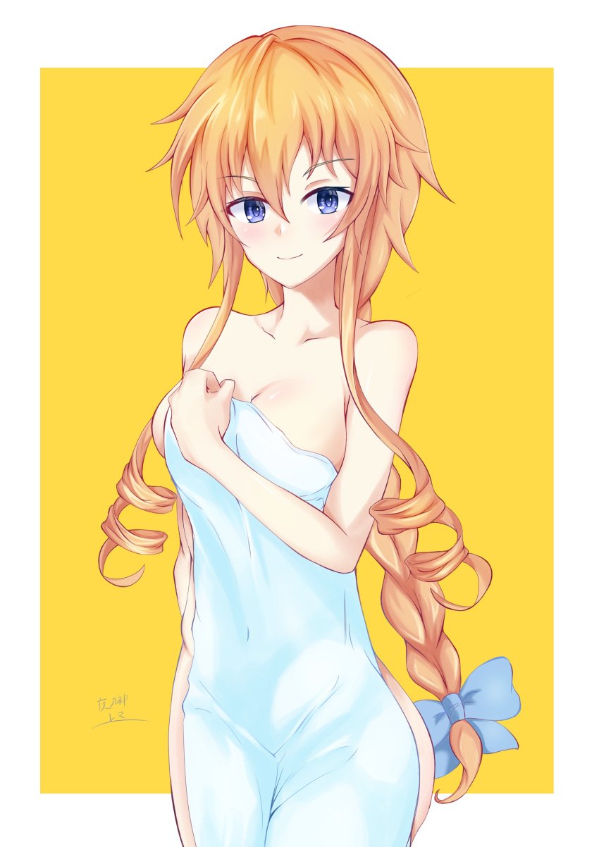 2d 2d_(artwork) ass big_breasts breasts date_a_live grey_eyes light-skinned_female long_hair naked naked_female orange_hair ribbon solo solo_female thighs towel towel_only towel_over_breasts x_tyf0h9 yamai_yuzuru