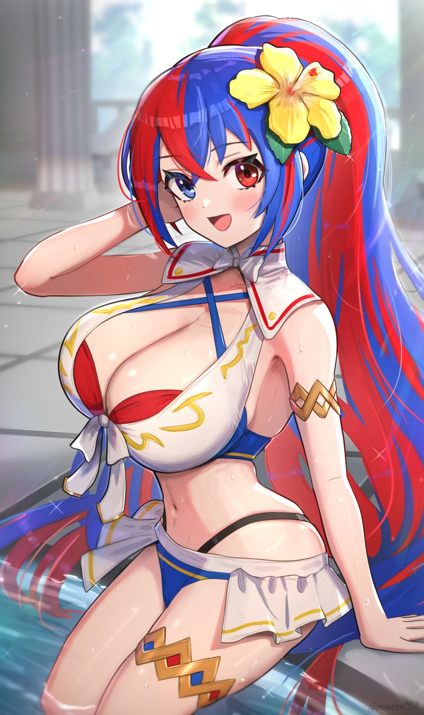 1girls absurdres alear_(female)_(fire_emblem) alear_(female)_(seaside_dragon)_(fire_emblem) alear_(fire_emblem) alternate_costume alternate_hairstyle alternate_version_available bangle bikini blue_bikini blue_swimsuit bracelet breasts cleavage crossed_bangs female female_only fire_emblem fire_emblem_engage fire_emblem_heroes gonzarez heterochromia highres jewelry large_breasts multicolored_bikini multicolored_clothes multicolored_hair nintendo official_alternate_costume official_alternate_hairstyle ponytail red_bikini red_hair red_swimsuit smile split-color_hair swimsuit two-tone_hair white_bikini white_swimsuit