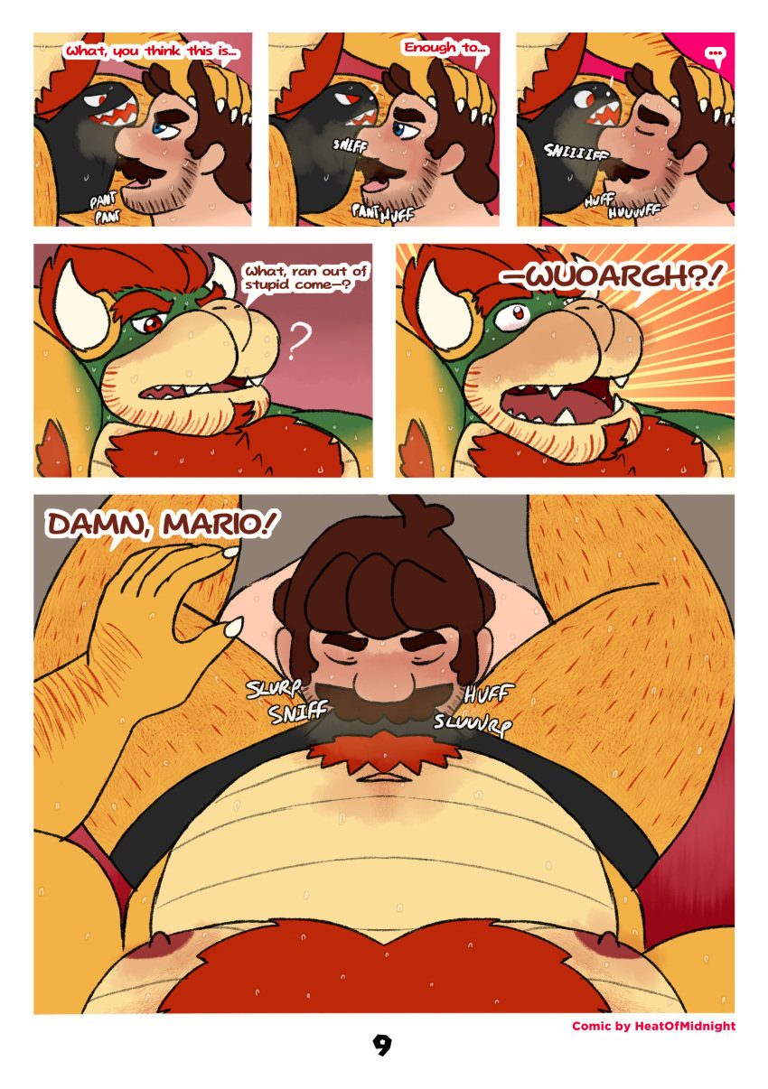 2024 absurd_res anthro arm_hair armpit_hair bodily_fluids body_hair bowser brown_hair bulge bulge_sniffing bulge_suck chest_hair closed_eyes clothed clothing comic dialogue dropsofmoonlight duo english_text facial_hair goatee hair hand_on_head happy_trail hi_res horn human koopa leg_hair male male/male mammal mario mario_bros moustache musclegut muscular musk musk_clouds nintendo nude onomatopoeia oral page_number pubes question_mark red_hair scalie sex sniffing sound_effects sweat tan_body tan_skin text underwear underwear_only