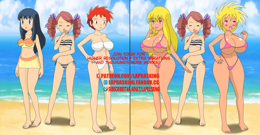 ass_expansion beach before_and_after bikini bimbo bimbo_body bimbo_lips bimbofication bimbofied blonde_hair blue_eyes blue_hair breast_expansion dawn_(pokemon) game_freak hips huge_ass huge_breasts huge_lips laprasking laughing nintendo pink_eyes pokemon red_eyes red_hair swimsuit swimwear tongue_out ursula_(pokemon) zoey_(pokemon)