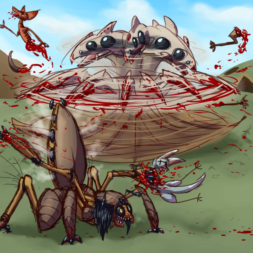 1:1 6_eyes all_fours antennae_(anatomy) arthropod arthropod_abdomen badday_(artist) baxxid bisected blood bodily_fluids breath claws crazed_look digital_drawing_(artwork) digital_media_(artwork) dismemberment female feral gore group holding_person indrel kalgkur male mammal mandibles multi_eye multi_limb multicolored_body out-of-placers spinning two_tone_body violence yannit yinglet