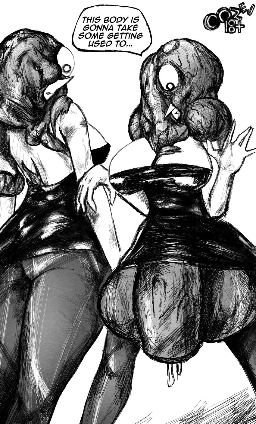 1girls balls big_ass big_balls big_breasts big_penis black_and_white bodily_fluids clothed corruption dress futanari head_parasite huge_balls huge_cock infected infection large_ass large_breasts leaking leeper_parasite_(oozed) leeper_parasite_(witchdoctordb) lica_(oozed) lica_(witchdoctordb) monster oozed pantyhose parasite penis pointy_nose revealing_clothes slime slime_monster speech_bubble text thick_thighs witchdoctordb