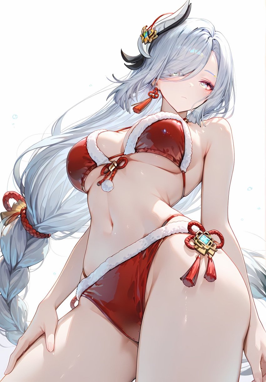 1girls ai_generated big_breasts blue_eyes braid genshin_impact gray_hair huge_breasts huge_thighs long_hair navel santa_hat shenhe_(genshin_impact) swimsuit thighs white_hair yellow_eyes