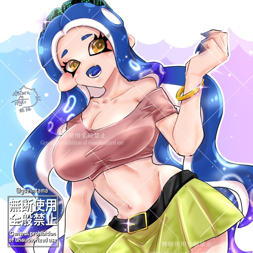 1girls artist_name belt big_breasts blue_hair blue_tongue bracelet breasts cleavage gbeimtama large_breasts long_hair navel nintendo octoling octoling_girl open_mouth pink_top skirt solo splatoon splatoon_3 tentacle_hair tongue top topwear yellow_eyes yellow_skirt