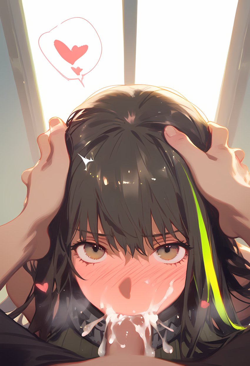 ahoge_rua ai_generated brown_hair cum cum_in_mouth deepthroat fellatio girls'_frontline m4a1_(girls'_frontline) uncensored yellow_eyes