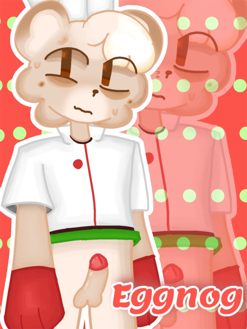 bear blush_crunch_studios chef_hat cutupaper2 dick digital_drawing_(artwork) digital_media_(artwork) eggnog_(flavor_frenzy) flavor_frenzy furry furry_only male male_only nervous_expression nervous_smile nervous_sweat no_pants penis roblox roblox_game shirt solo solo_male standing