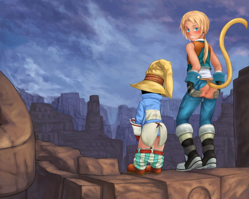 2boys anus ass blush final_fantasy final_fantasy_ix looking_at_viewer male_only multiple_boys naughty_face outdoors size_difference spreading tagme vivi_ornitier zidane_tribal