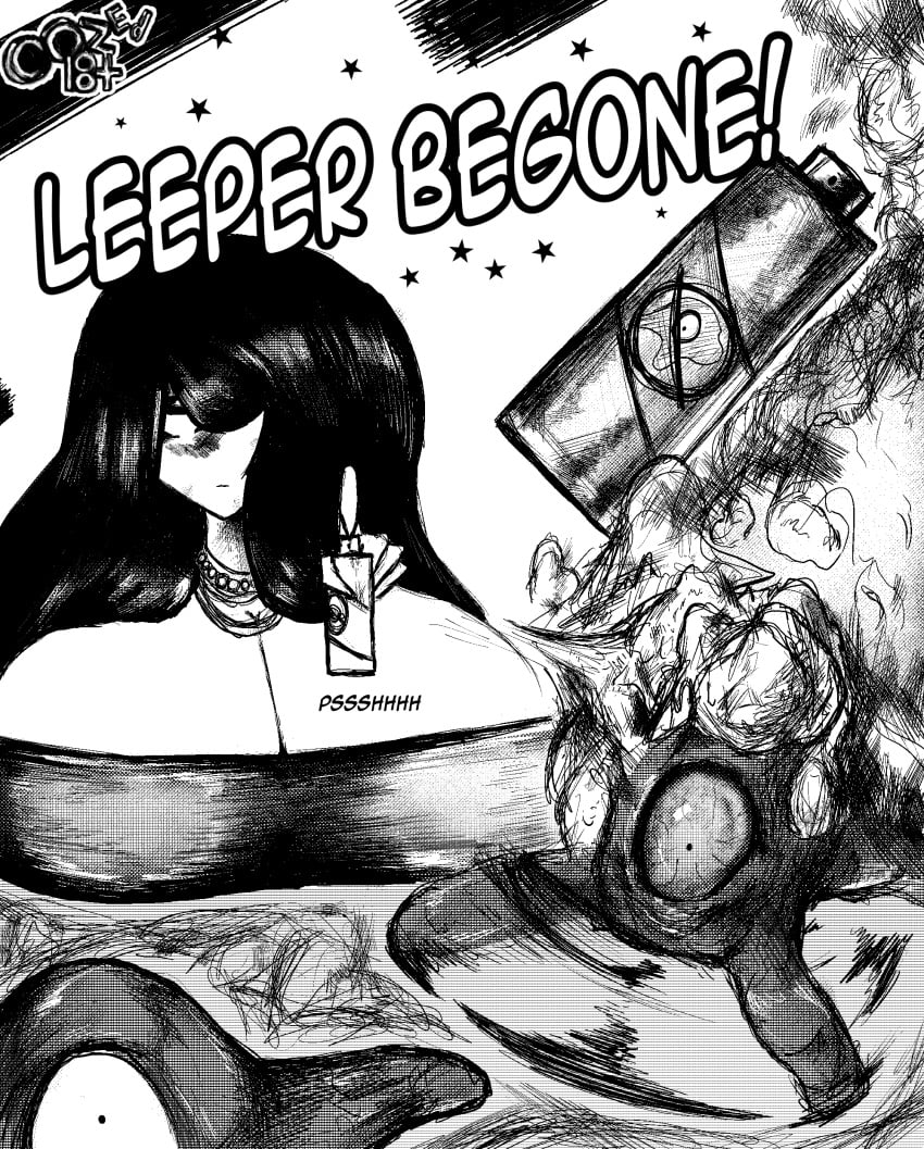 1girls big_breasts black_and_white clothed dress humor joke large_breasts leeper_parasite_(oozed) leeper_parasite_(witchdoctordb) monster noir_(oozed) noir_(witchdoctordb) onomatopoeia oozed pointy_nose revealing_clothes slime slime_monster text witchdoctordb