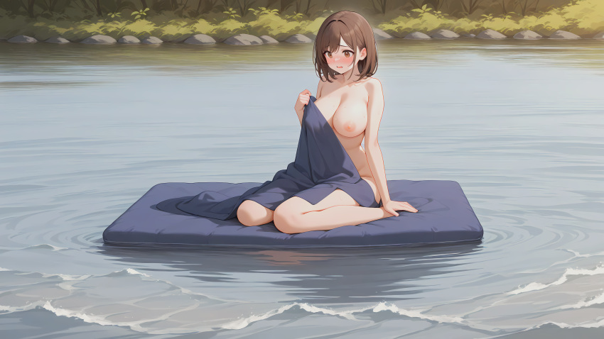 1girls ai_generated blanket blush breasts breasts breasts brown_eyes brown_hair female hi_res highres lake large_breasts mattress naked nipples nude original_character outdoors pixai prank scared_expression short_hair sitting solo