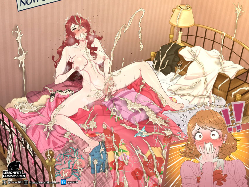 censored cum_everywhere cum_on_clothes excessive_cum futanari lemonfiti masturbation mitsuru_kirijo persona persona_3 yukari_takeba